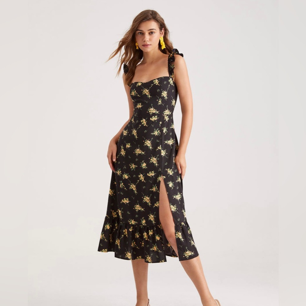 Square Neck Floral Ruffle Midi Dress - Black